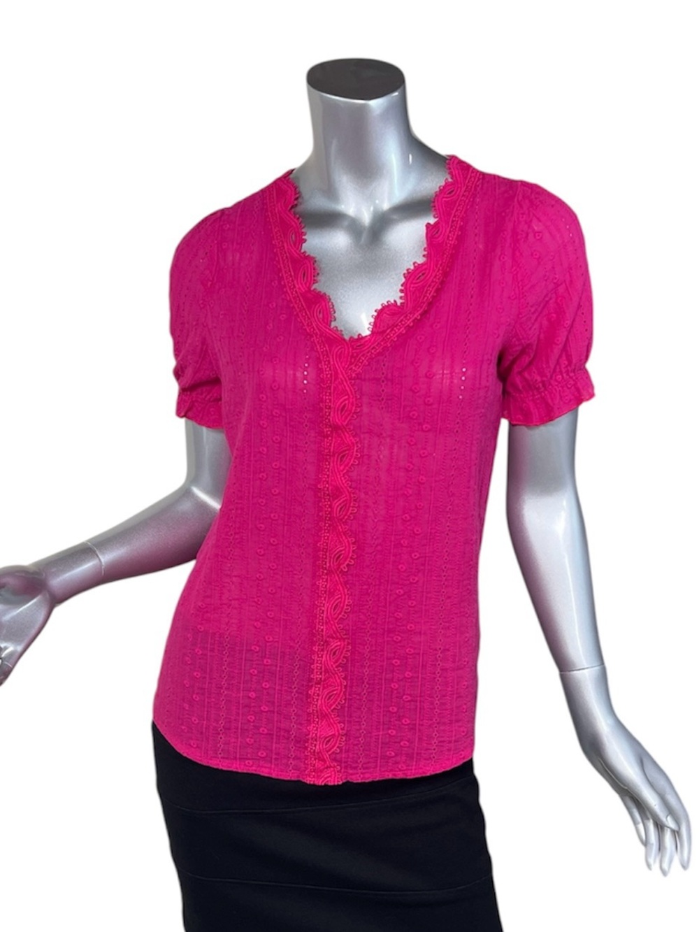 Women’s Small Bright Pink V Neck Eyelet Blouse Lace Trim Short Sleeve Top